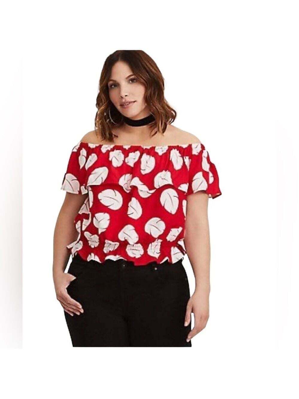 Torrid Disney Lilo and Stitch Red Leaf Pattered Ruffled Off the Shoulder…